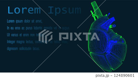 Cardiology of the future. Futuristic low poly human heart composed of glowing lines, triangles, lines isolated on a dark blue background. Modern frame design. Vector illustration Cardiology of the future. Futuristic low poly human heart composed of glowing lines, triangles, lines isolated on a dark blue background. Modern frame design. Vector illustration 124890601