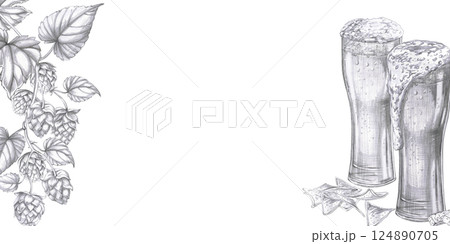 Rectangular frame with beer glasses and hop branches. Isolated pencil realistic style illustration for design of pubs, restaurants, menus, culinary magazines. Rectangular frame with beer glasses and hop branches. Isolated pencil realistic style illustration for design of pubs, restaurants, menus, culinary magazines. 124890705