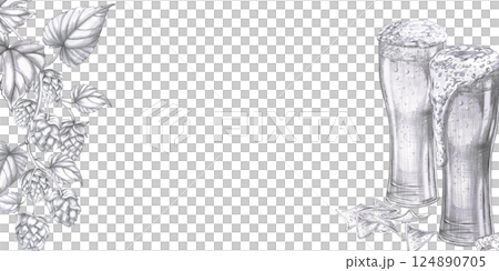 Rectangular frame with beer glasses and hop branches. Isolated pencil realistic style illustration for design of pubs, restaurants, menus, culinary magazines. Rectangular frame with beer glasses and hop branches. Isolated pencil realistic style illustration for design of pubs, restaurants, menus, culinary magazines. 124890705
