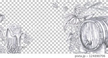 Rectangular frame with oak barrel, beer mug and hop branches. Isolated pencil realistic style illustration for design of pubs, restaurants, menus, culinary magazines. Rectangular frame with oak barrel, beer mug and hop branches. Isolated pencil realistic style illustration for design of pubs, restaurants, menus, culinary magazines. 124890706