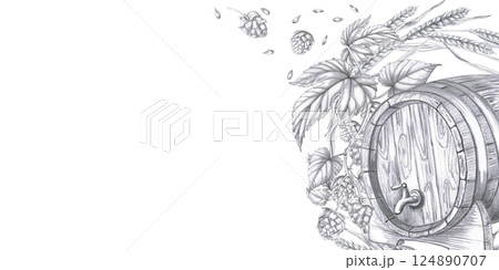 Rectangular frame with oak barrel and hop branches. Isolated pencil realistic style illustration for design of pubs, restaurants, menus, culinary magazines. Rectangular frame with oak barrel and hop branches. Isolated pencil realistic style illustration for design of pubs, restaurants, menus, culinary magazines. 124890707
