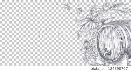 Rectangular frame with oak barrel and hop branches. Isolated pencil realistic style illustration for design of pubs, restaurants, menus, culinary magazines. Rectangular frame with oak barrel and hop branches. Isolated pencil realistic style illustration for design of pubs, restaurants, menus, culinary magazines. 124890707