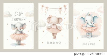 Set of Watercolor New born baby shower invitation. Greeting card with dancing ballerina elephant in a pink dress. 124890958