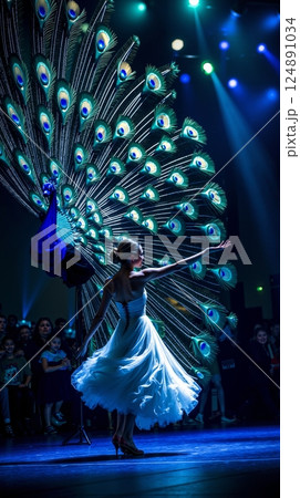 A woman in a white dress with a peacock tail on a stage 124891034