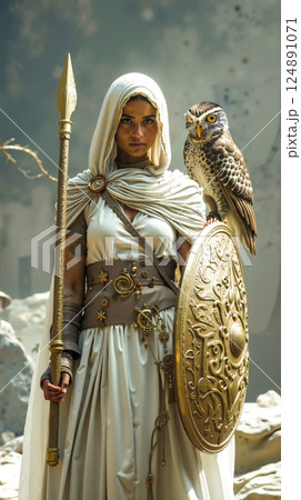 A woman in a white dress holding a shield and an owl on her shoulder 124891071