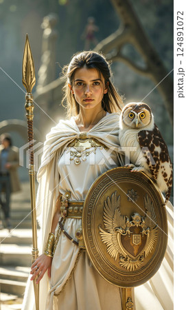 A woman in a white dress holding a shield and an owl 124891072