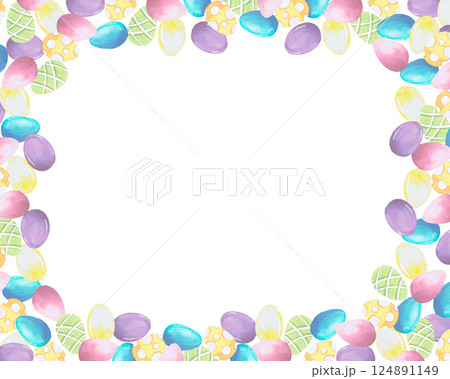 Frame with Easter eggs watercolor illustration isolated on white. Color eggs hand drawn in pastel tones for Easter cards, packaging and holiday decor Frame with Easter eggs watercolor illustration isolated on white. Color eggs hand drawn in pastel tones for Easter cards, packaging and holiday decor 124891149