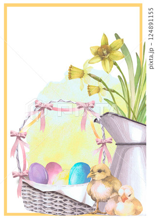Narcissus in jug, Easter eggs in a wicker basket with bon, chickens watercolor illustration isolated on white. Elements Hand drawn in pastel tones for Easter cards, packaging and festive decor Narcissus in jug, Easter eggs in a wicker basket with bon, chickens watercolor illustration isolated on white. Elements Hand drawn in pastel tones for Easter cards, packaging and festive decor 124891155