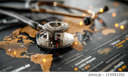 Stethoscope placed on a digital world map interface with data points, symbolizing global health monitoring and medical analytics Stethoscope placed on a digital world map interface with data points, symbolizing global health monitoring and medical analytics 124891302