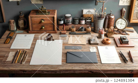 Assorted vintage stationery and writing tools neatly arranged on a rustic wooden desk, evoking a nostalgic atmosphere Assorted vintage stationery and writing tools neatly arranged on a rustic wooden desk, evoking a nostalgic atmosphere 124891304
