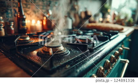Steaming gas stovetop in a cozy kitchen, with candlelight and a loaf of bread in the background 124891316