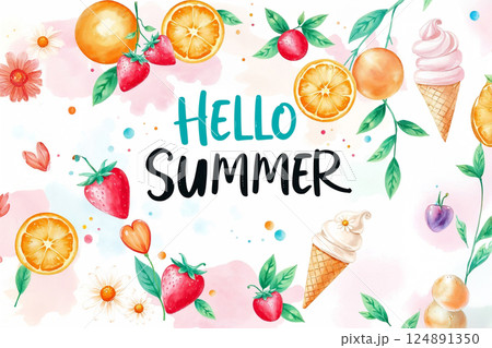 Strawberries, oranges, and soft ice cream bring a cute summer feeling. Flowers bloom, colors pop, and everything feels light and happy like summer dream. 124891350
