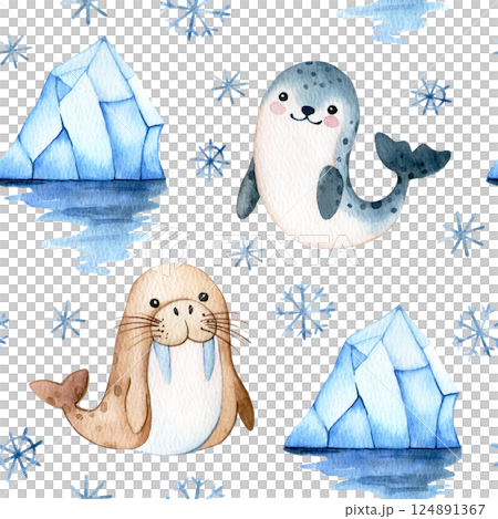 cute seamless pattern with arctic seal and walrus. watercolor print for kids cute seamless pattern with arctic seal and walrus. watercolor print for kids 124891367