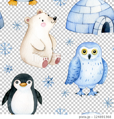 cute seamless pattern with arctic animals. watercolor print for kids 124891368