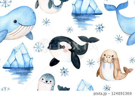 cute seamless pattern with arctic sea animals. watercolor print for kids cute seamless pattern with arctic sea animals. watercolor print for kids 124891369