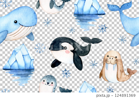 cute seamless pattern with arctic sea animals. watercolor print for kids cute seamless pattern with arctic sea animals. watercolor print for kids 124891369
