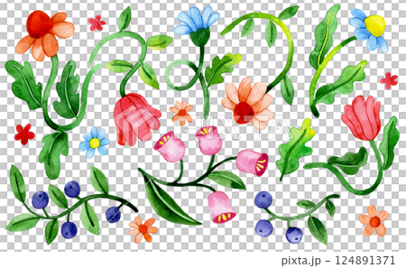 set of watercolor flowers in retro style, groovy. bright colors set of watercolor flowers in retro style, groovy. bright colors 124891371