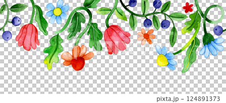 seamless borderof watercolor flowers in retro style, groovy. bright colors seamless borderof watercolor flowers in retro style, groovy. bright colors 124891373