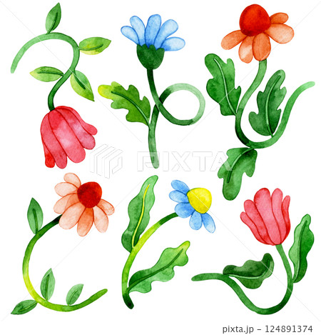 set of watercolor flowers in retro style, groovy. bright colors 124891374