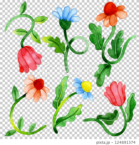 set of watercolor flowers in retro style, groovy. bright colors 124891374