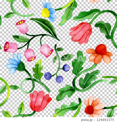 seamless pattern of watercolor flowers in retro style, groovy. bright colors 124891375