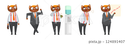 Businessman Cat Character in Suit in Different Situations Vector Set 124891407