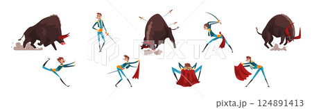 Man Toreador with Sword and Red Clothes Fighting with Furious Bull Vector Set Man Toreador with Sword and Red Clothes Fighting with Furious Bull Vector Set 124891413