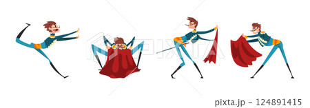 Man Toreador with Sword and Red Clothes Fighting Vector Set 124891415