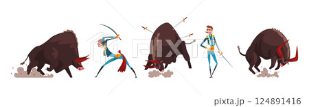 Man Toreador with Sword and Red Clothes Fighting with Furious Bull Vector Set 124891416