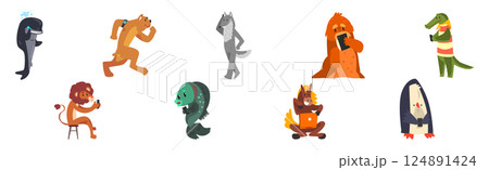 Animal Character with Mobile Smartphone Gadget Vector Set 124891424
