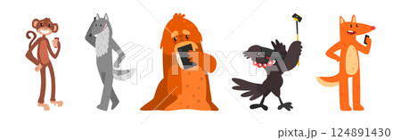 Animal Character with Mobile Smartphone Gadget Vector Set 124891430