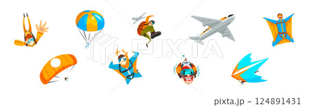 Man Skydiver Gliding with Wing and Parachute Jumping Vector Set 124891431