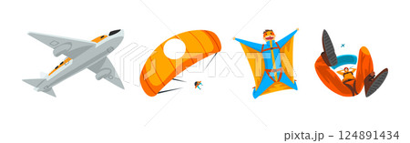 Man Skydiver Gliding with Wing and Parachute Jumping Vector Set 124891434