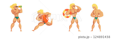 Man Beach Lifeguards Ensuring Safety Vector Set Man Beach Lifeguards Ensuring Safety Vector Set 124891438