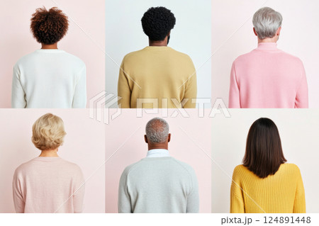 Minimalist portrait featuring six diverse individuals from behind, concept of diversity 124891448