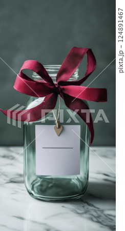 Glass jar with a red ribbon and blank tag on marble surface, copy space, background Glass jar with a red ribbon and blank tag on marble surface, copy space, background 124891467
