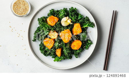 Modern kale salad with deconstructed elements on light background Modern kale salad with deconstructed elements on light background 124891468