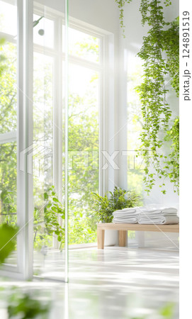 Modern bathroom interior with large window and greenery, ideal for background 124891519