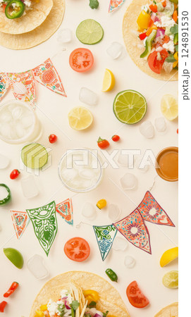 Cinco de Mayo celebration with tacos, drinks, and colorful decorations, food background Cinco de Mayo celebration with tacos, drinks, and colorful decorations, food background 124891530