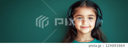 A cheerful girl with headphones, beaming a smile against a green background, reflecting the concept of music enjoyment or learning in a light, positive, and modern setting, banner 124891664