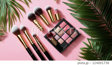 Vibrant makeup tools and palette arranged on pink background with tropical leaves 124891736