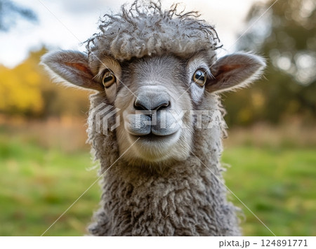 Portrait of a fluffy sheep with a gentle expression in a soft, snowy background 124891771
