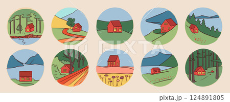 Collection of different rural landscape with the houses and mountains and hills, vector illustration. 124891805
