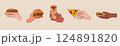 Hands holding fast food, street snacks set. Arms with takeaway pizza, burger, hot dog, sandwich and shawarma. 124891820