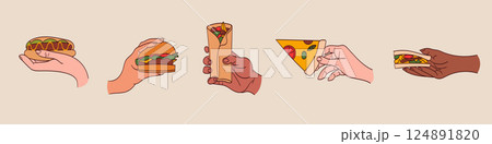 Hands holding fast food, street snacks set. Arms with takeaway pizza, burger, hot dog, sandwich and shawarma. 124891820
