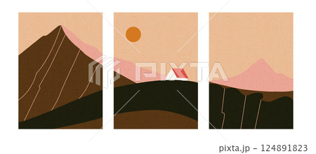 Collection of natural landscape with sun, mountains and countryside. Editable vector illustration for a website, invitation, postcard or poster. Collection of natural landscape with sun, mountains and countryside. Editable vector illustration for a website, invitation, postcard or poster. 124891823