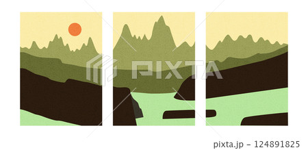 Collection of natural landscape by mountains and sea. Editable vector illustration for a website, invitation, postcard or poster. Collection of natural landscape by mountains and sea. Editable vector illustration for a website, invitation, postcard or poster. 124891825