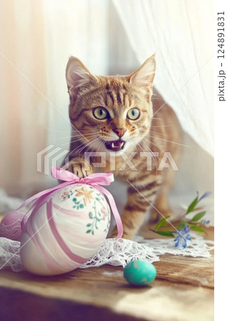 Lovely tabby cat playing with Easter egg with pink ribbon on wooden table. Easter with pet. Lovely tabby cat playing with Easter egg with pink ribbon on wooden table. Easter with pet. 124891831