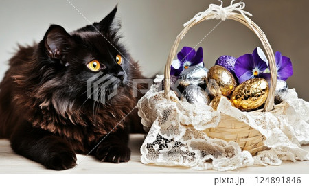 Easter still life. Black fluffy cat, golden and silver Easter eggs, purple spring flowers in basket. Easter still life. Black fluffy cat, golden and silver Easter eggs, purple spring flowers in basket. 124891846