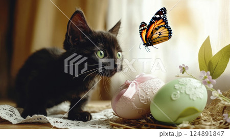 Small black kitten among Easter decorations. His green eyes following butterfly over Easter eggs. 124891847